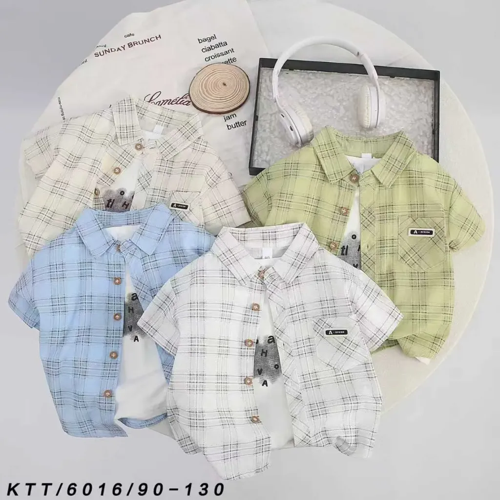 满印条纹格短袖衬衫