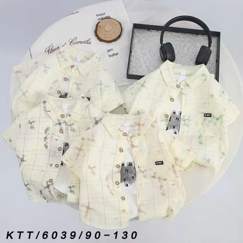 满印墨染双线格短袖衬衫