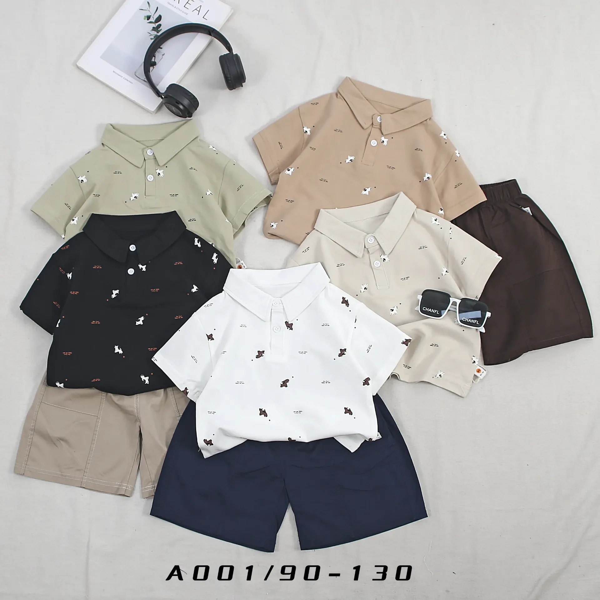 满印小狗点字母短袖二件套