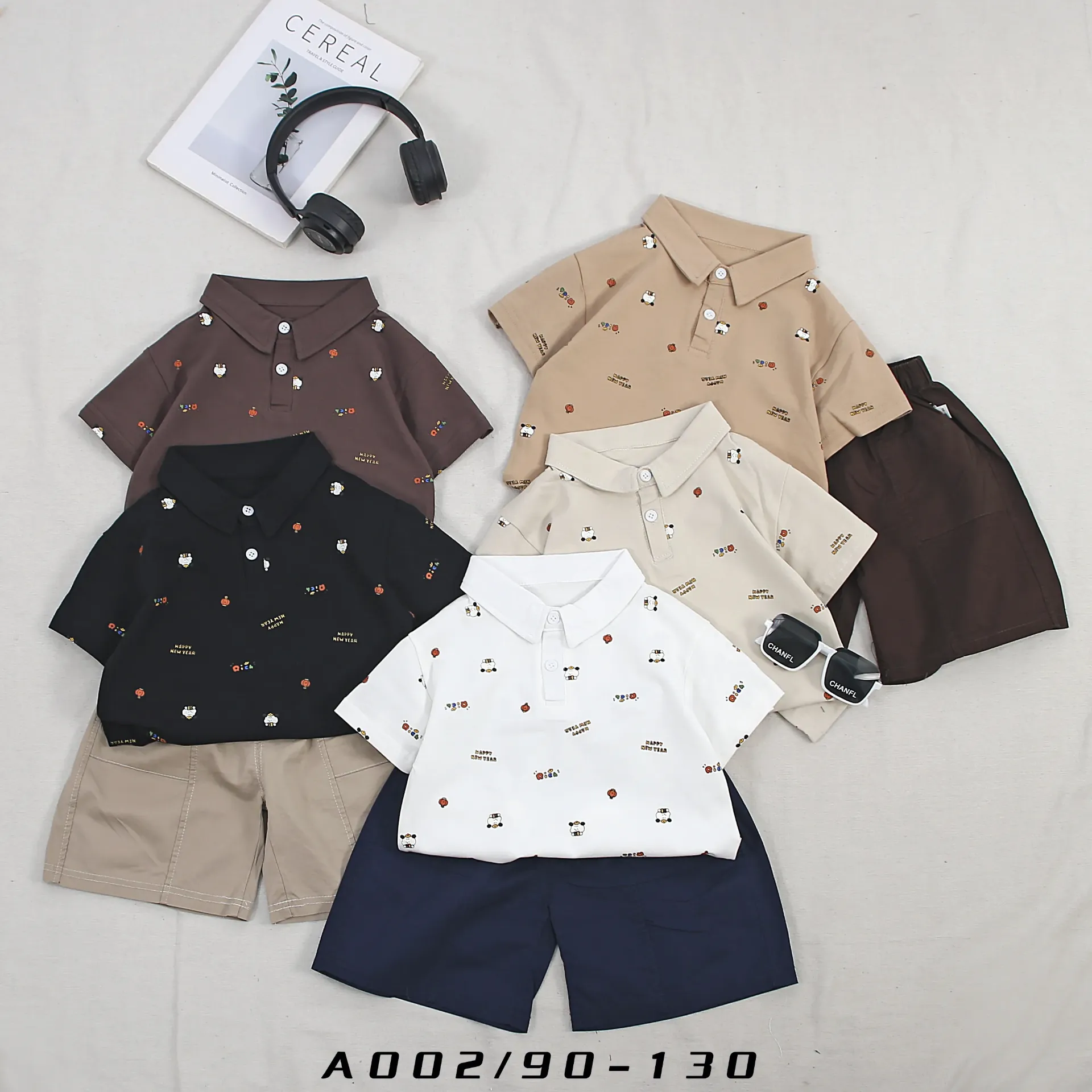 满印小狗rich字母短袖二件套