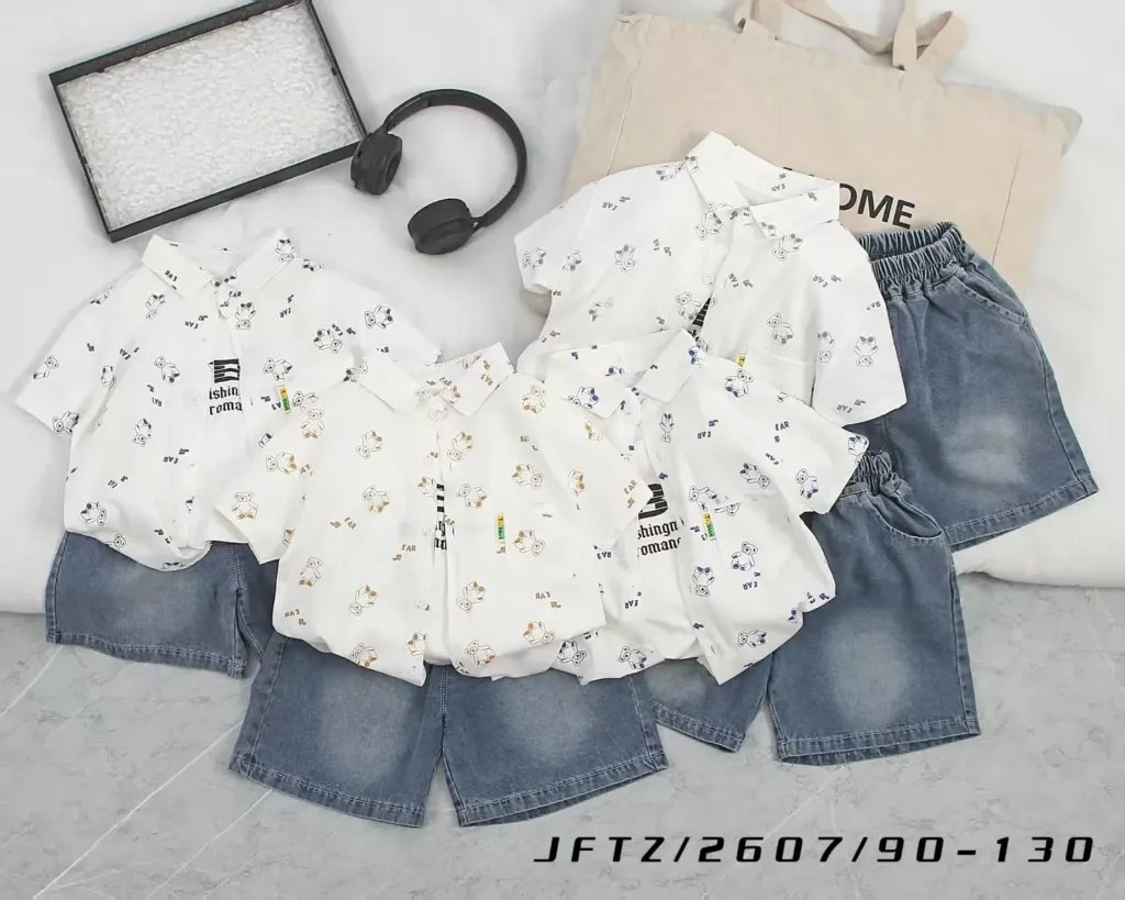 满印EAR小熊短袖衬衫二件套