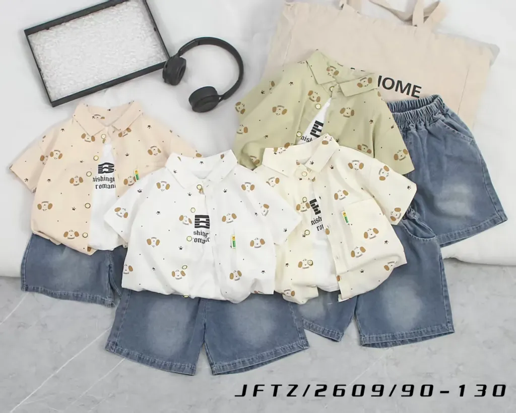 满印大耳小狗爪印短袖衬衫二件套