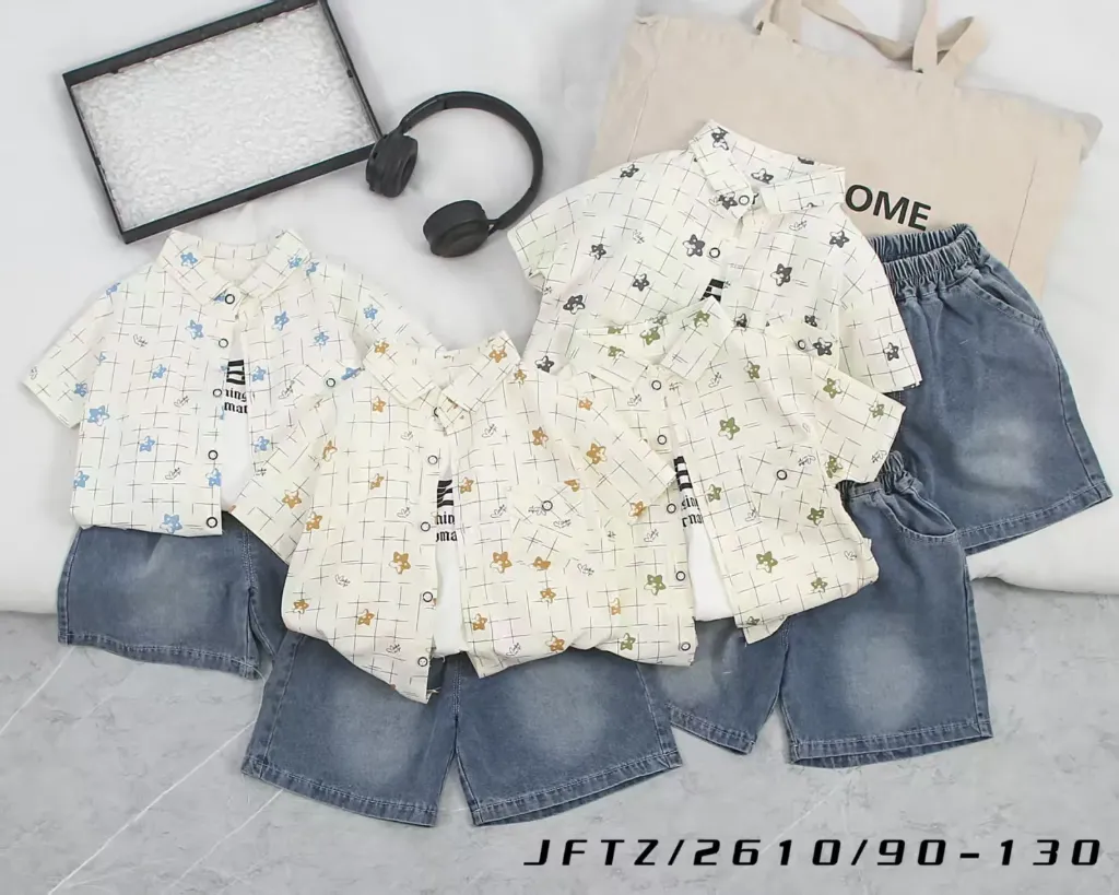 满印方格星短袖衬衫二件套