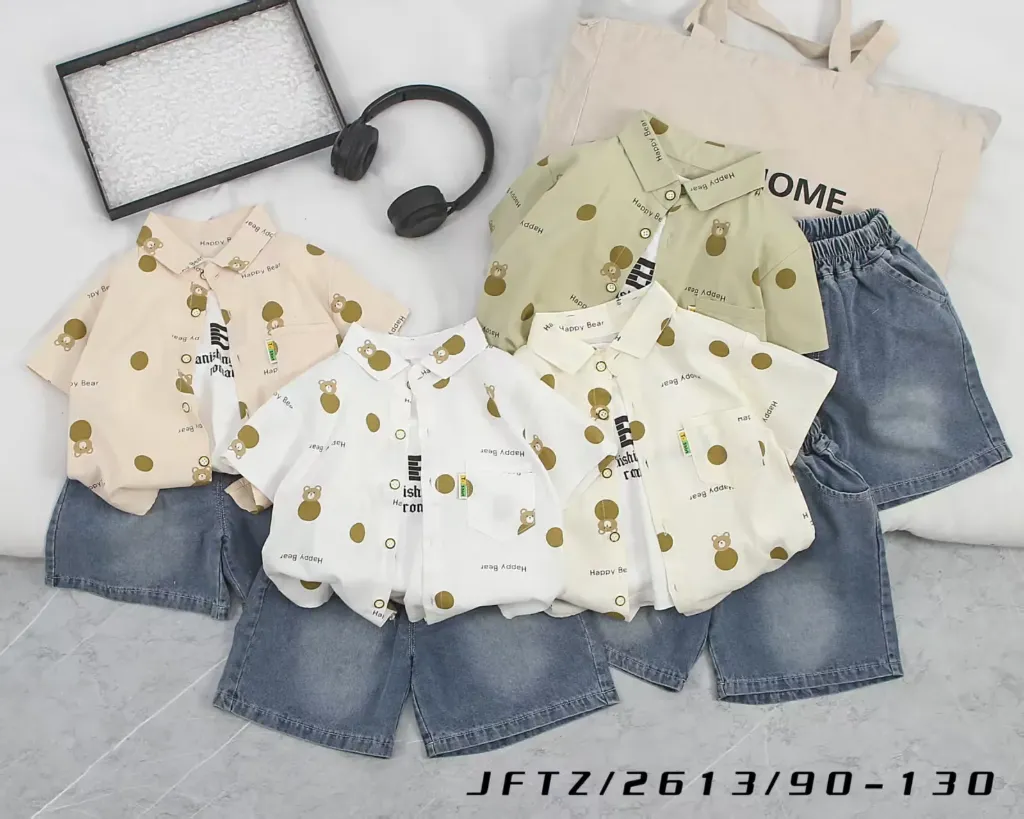 满印圆上熊短袖衬衫二件套