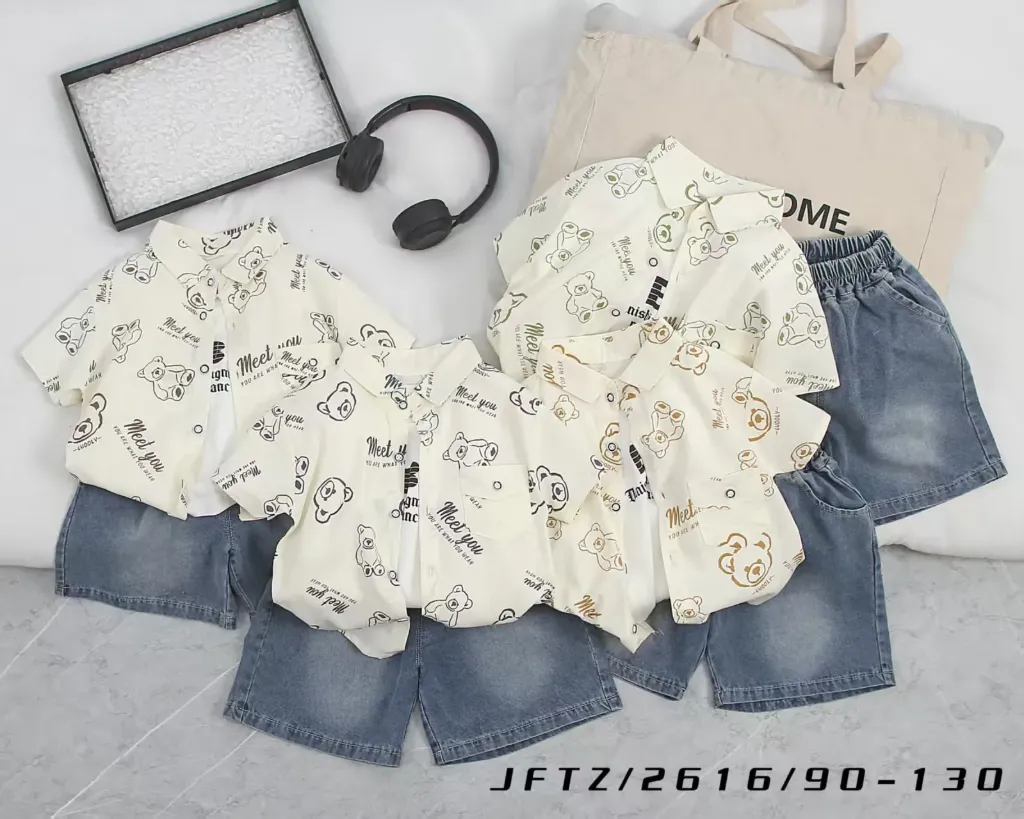 满印Meetyou熊短袖衬衫二件套