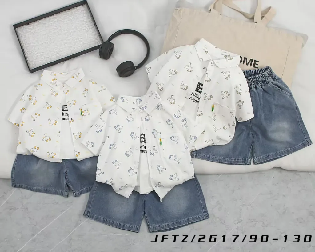 满印展翅鹅短袖衬衫二件套