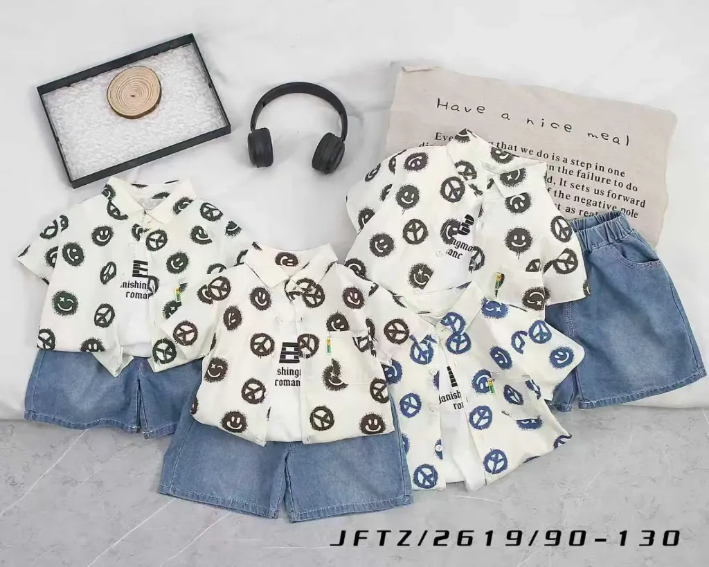 满印圆笑脸三叉戟短袖衬衫二件套