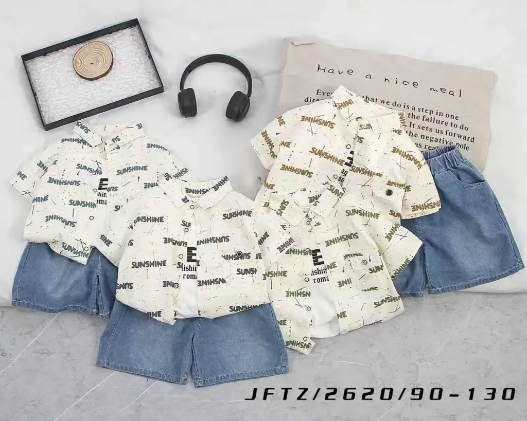 满印SUNSHINE短袖衬衫二件套
