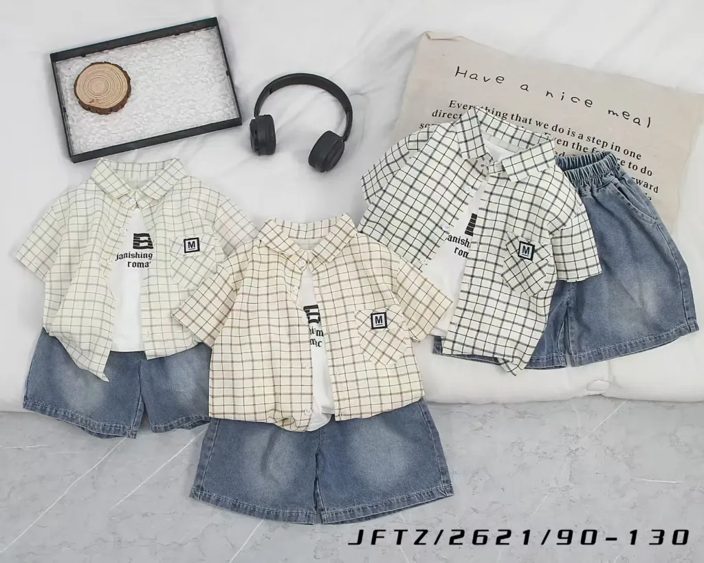 满印格子口袋M标短袖衬衫二件套