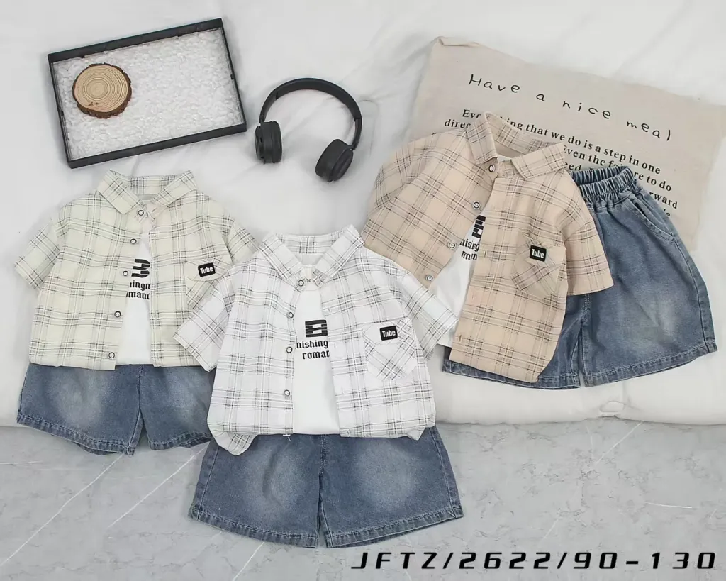 满印条纹格子口袋Tube标短袖衬衫二件套