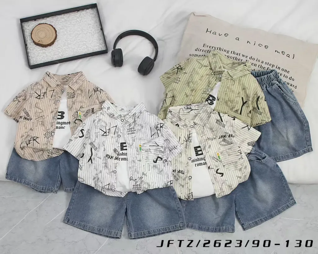 满印条纹LYER短袖衬衫二件套