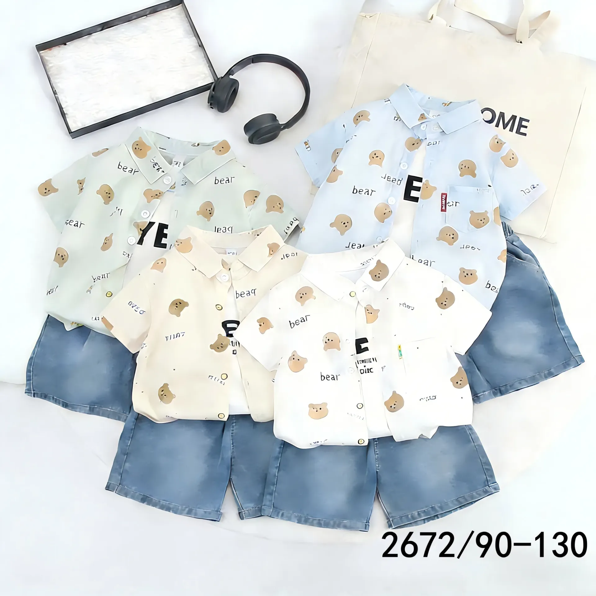 满印bear熊头短袖衬衫二件套