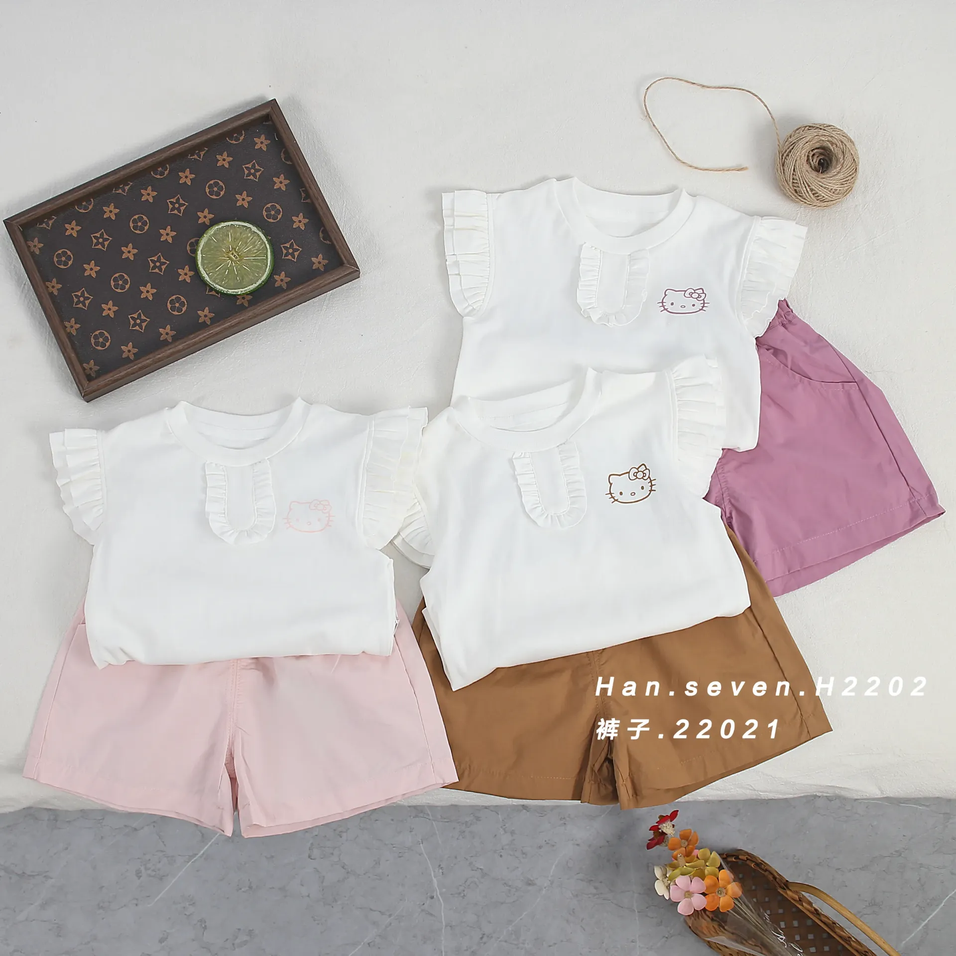 印kitty猫头短袖二件套