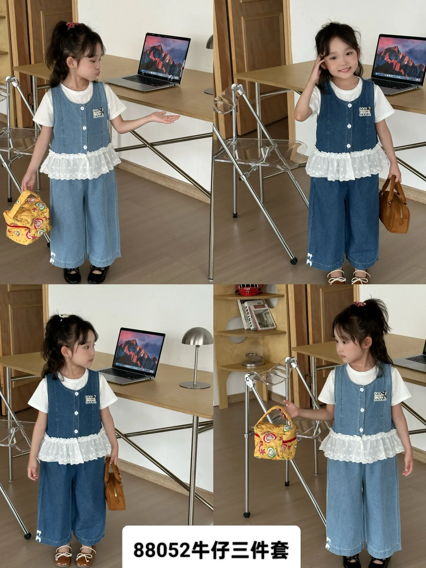 蝴蝶结花边标牛仔马甲三件套