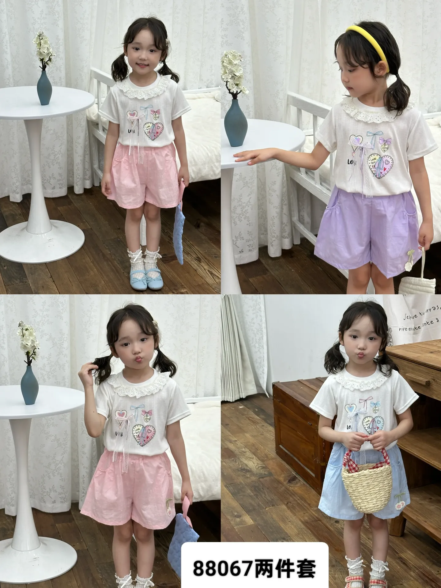 印爱心花边领短袖二件套