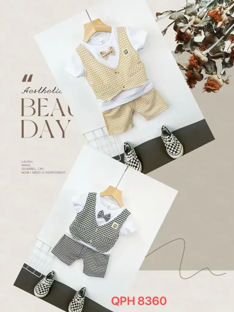 大M标格子马甲短袖二件套