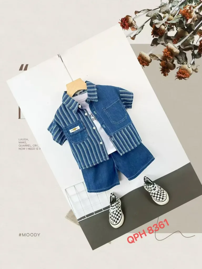 口袋长条三角半条纹牛仔短袖三件套