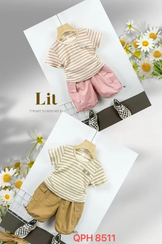 [250278511133] 长条兔子标条纹短袖二件套 (浅粉色)