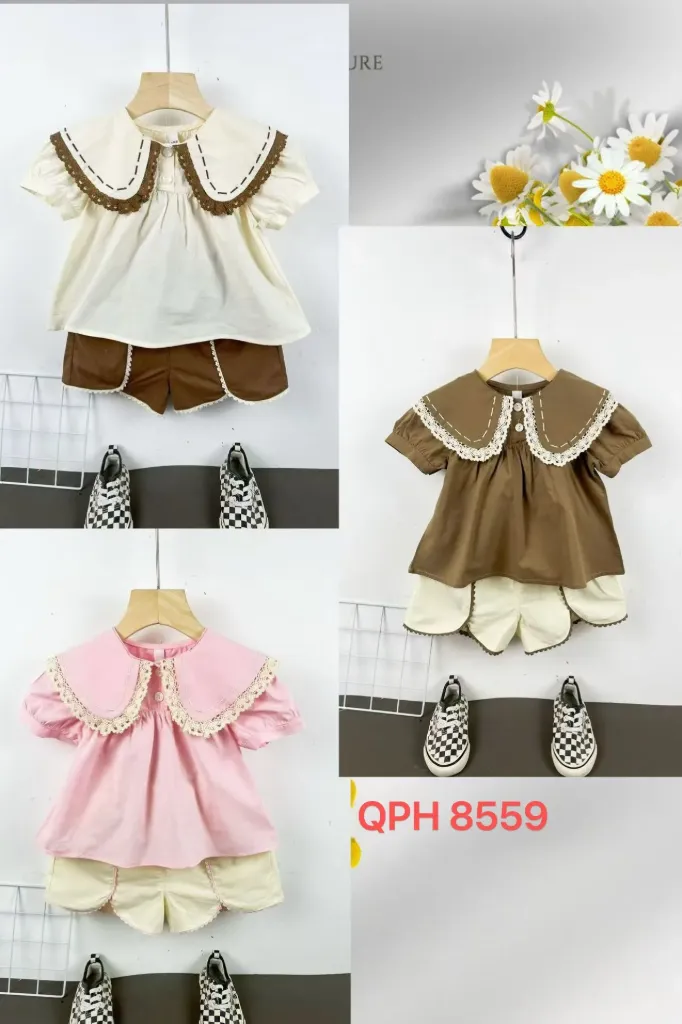 大花边领二扣短袖二件套