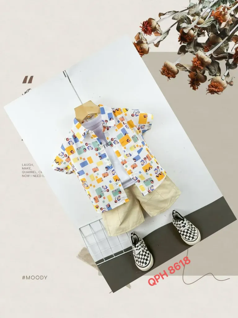 [250278618137] 色彩方块哪吒短袖衬衫三件套