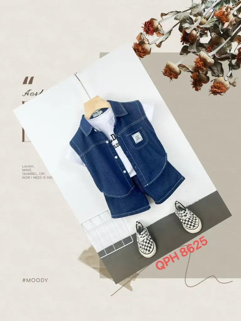 口袋方标牛仔马甲三件套