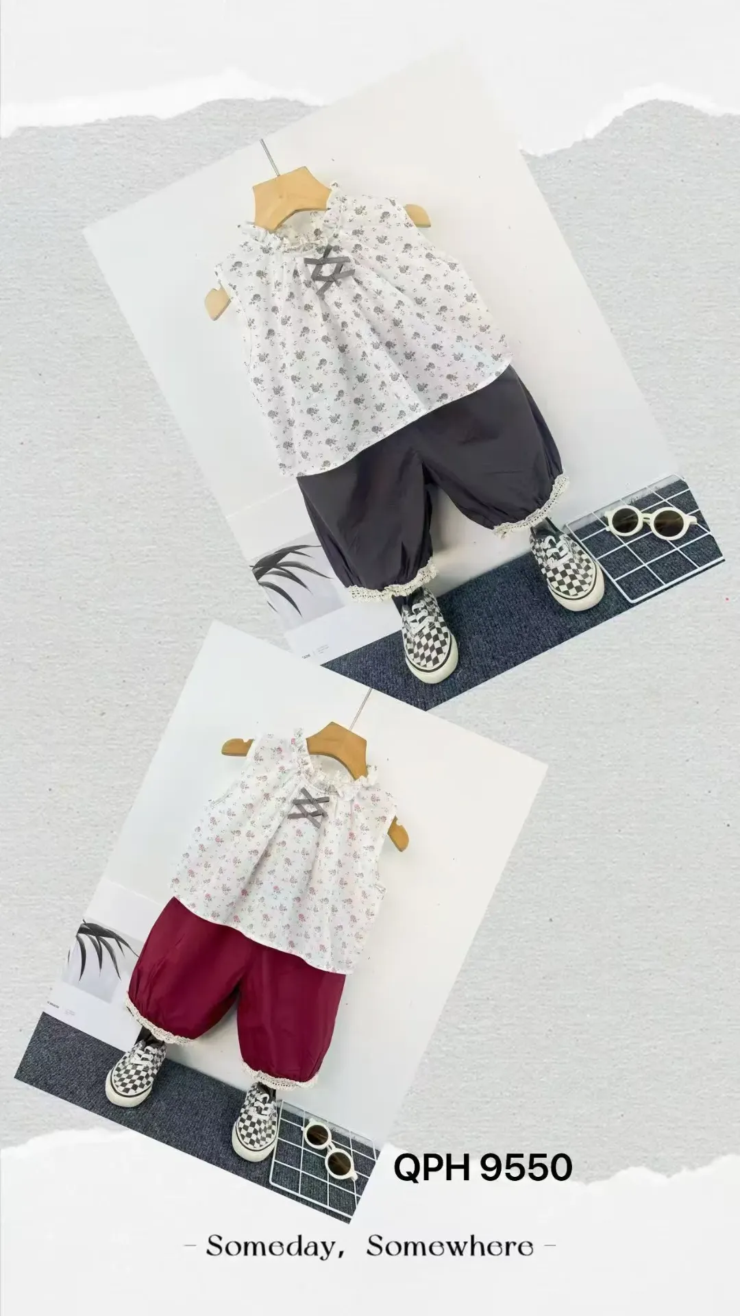 满印碎花二蝴蝶结短袖二件套