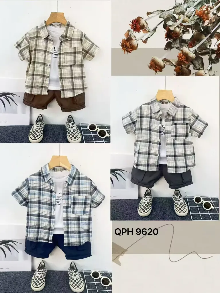 大格子细条纹衬衫短袖三件套