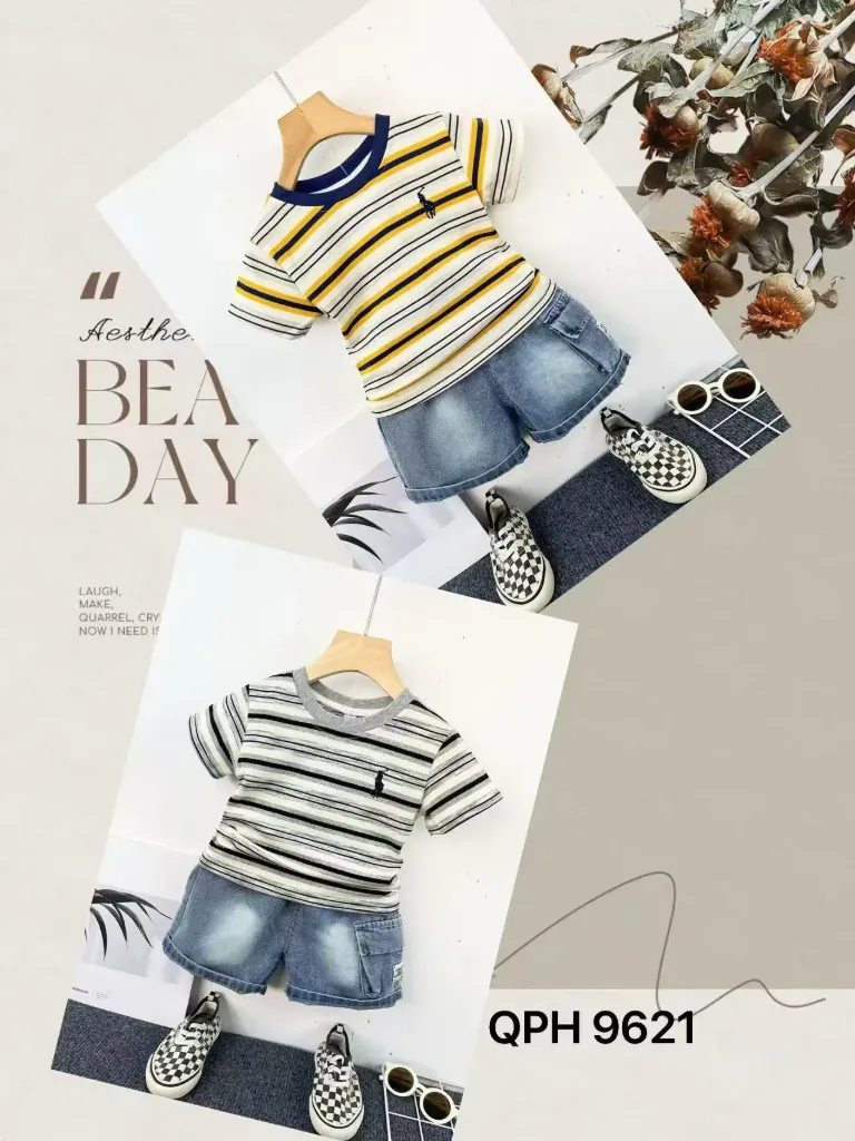 [250279621232] 骑马挥杆条纹短袖二件套 (黄色)