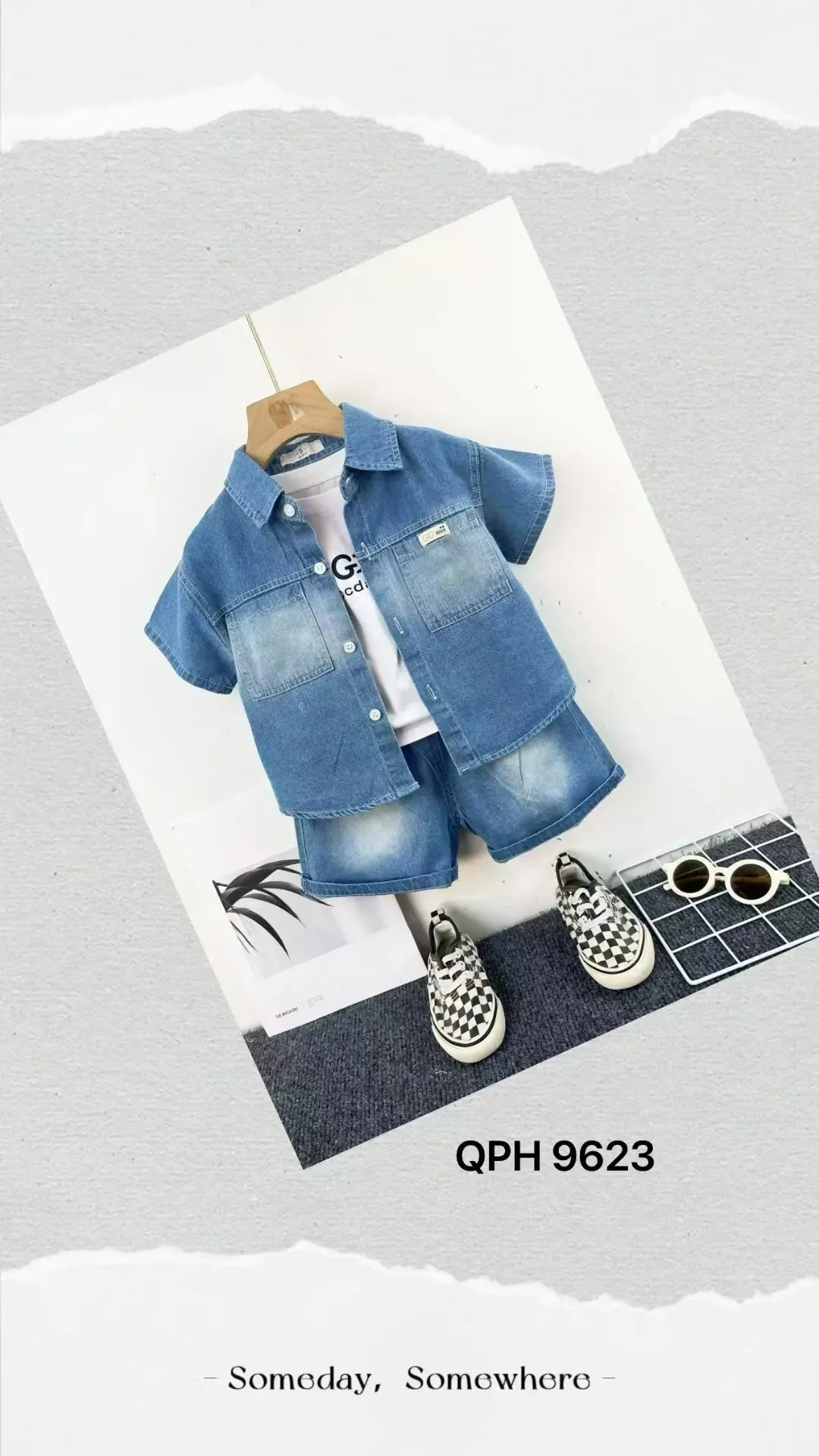 口袋GDabcd标牛仔衬衫短袖三件套