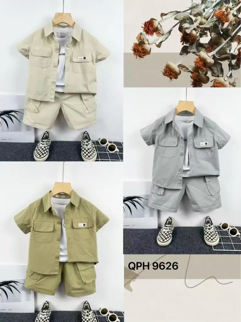 口袋Smile笑脸标衬衫短袖三件套