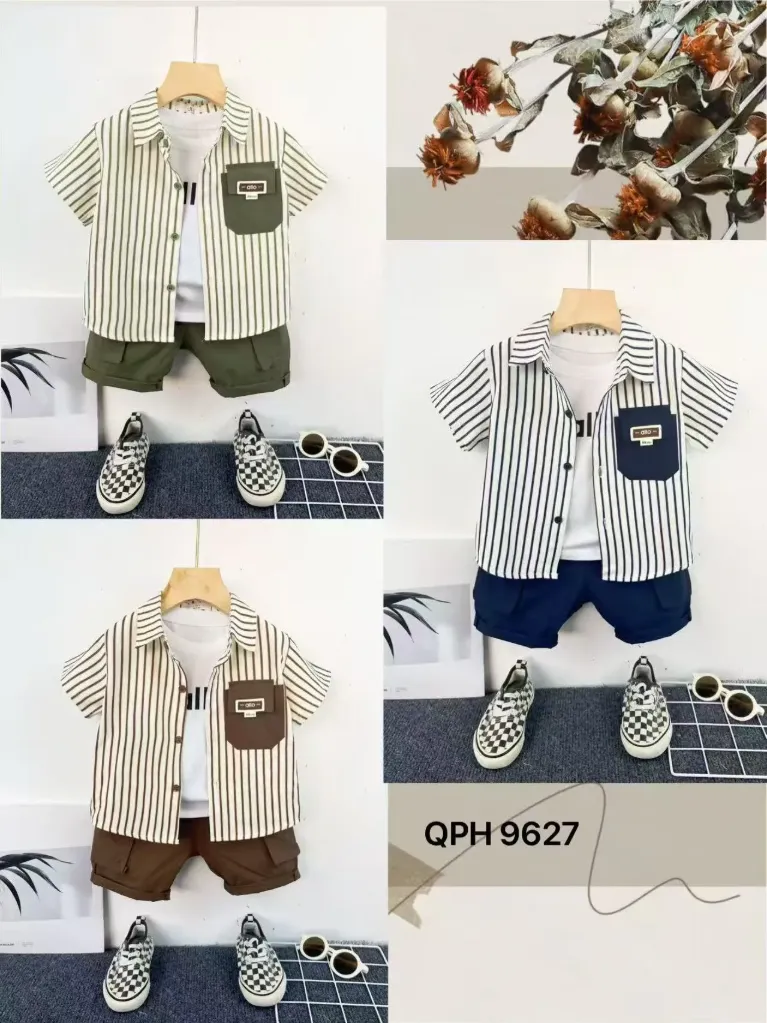 口袋allo标条纹衬衫短袖三件套