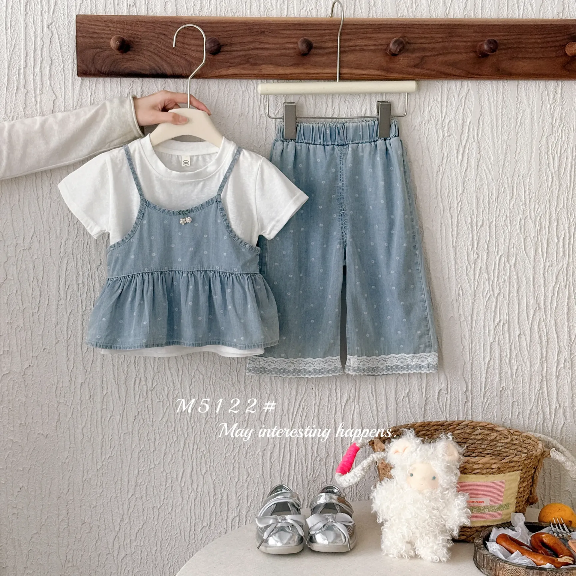 蝴蝶结二小花吊带三件套