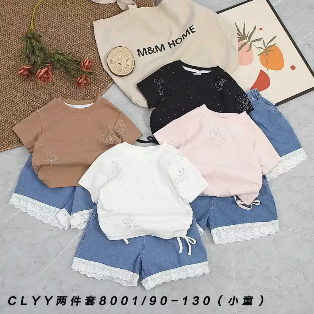 蝴蝶点烫钻短袖二件套