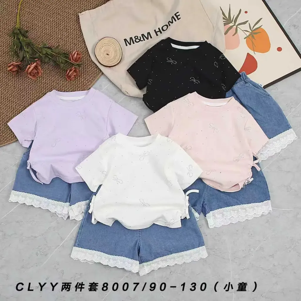 蝴蝶结点烫钻短袖二件套