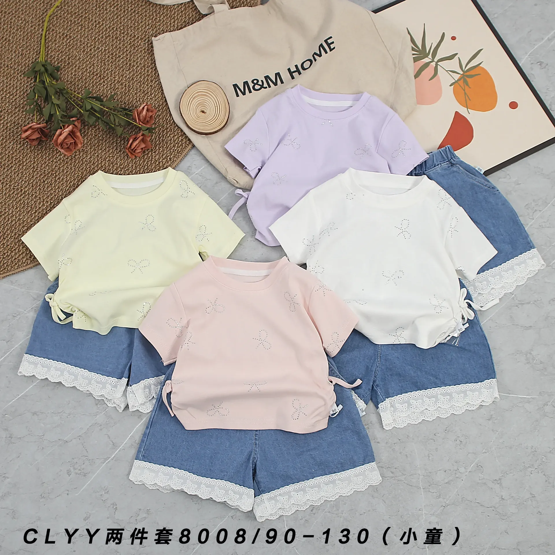 蝴蝶结烫钻短袖二件套