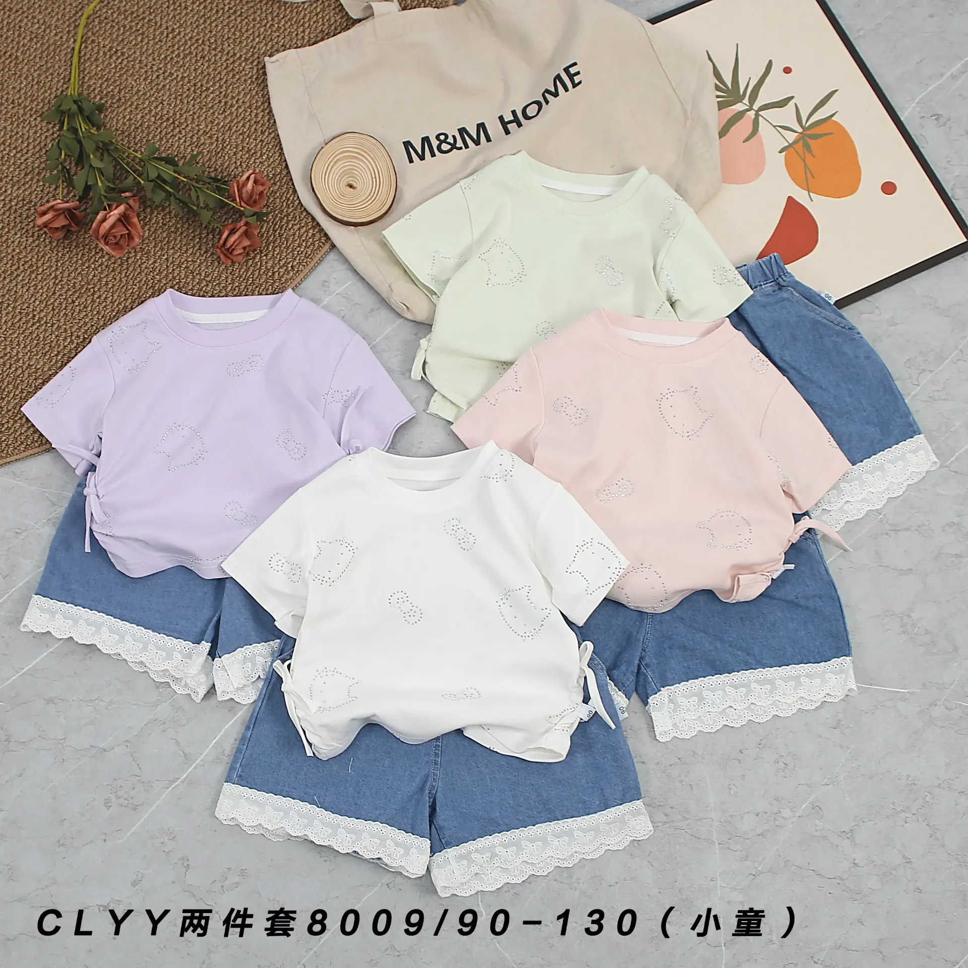 猫头蝴蝶结烫钻短袖二件套