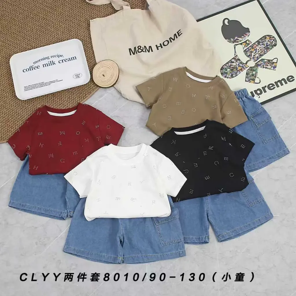 字母烫钻短袖二件套