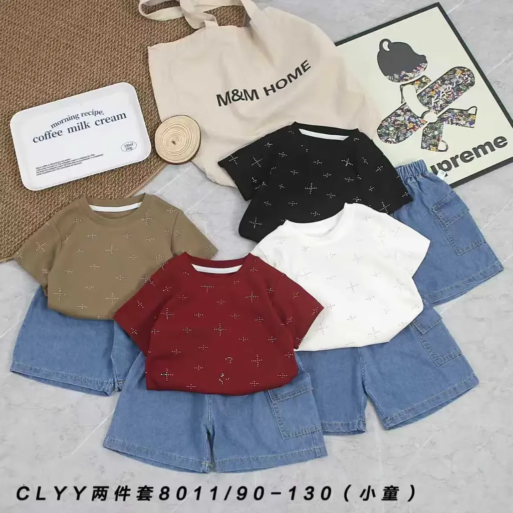 十字烫钻短袖二件套