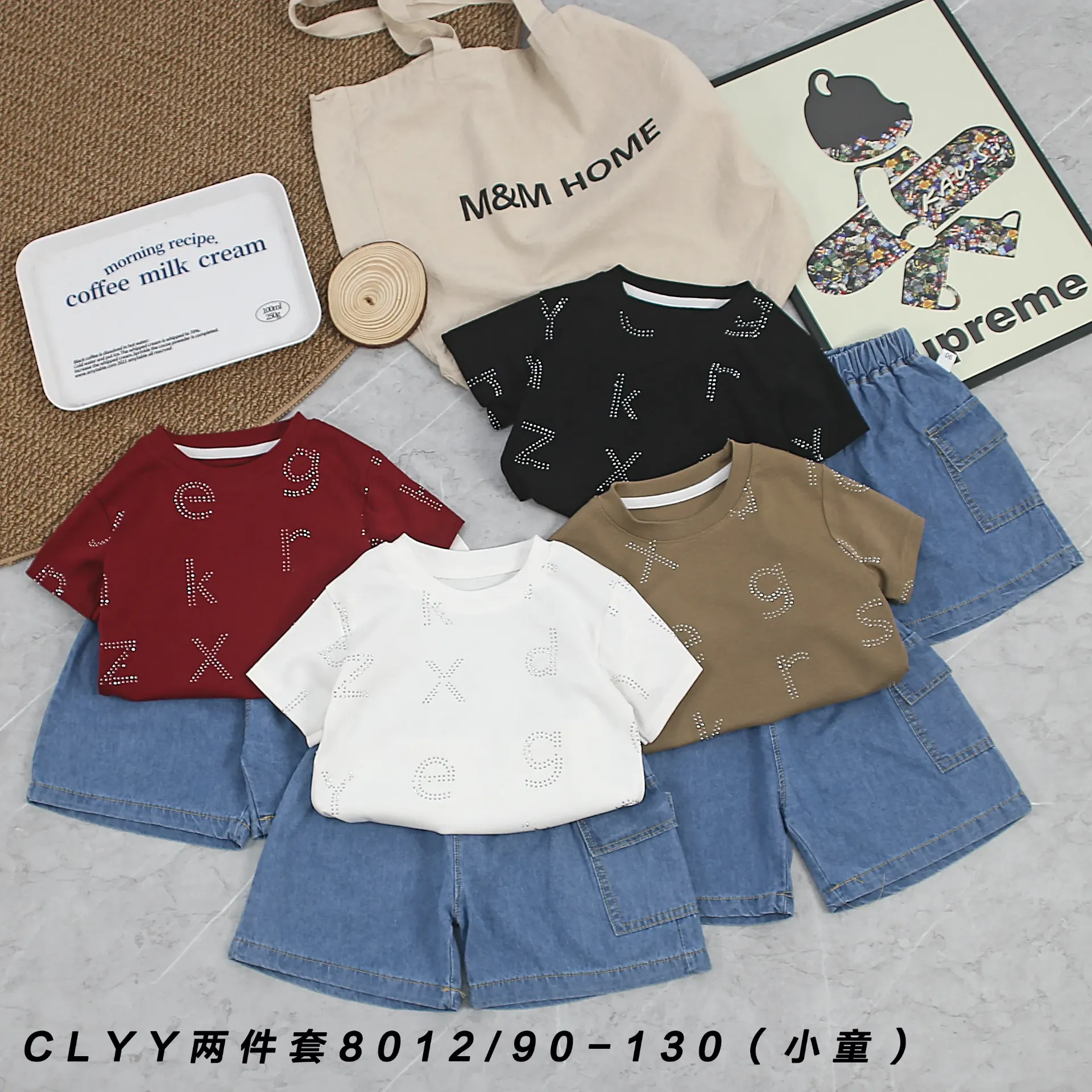 双层字母烫钻短袖二件套