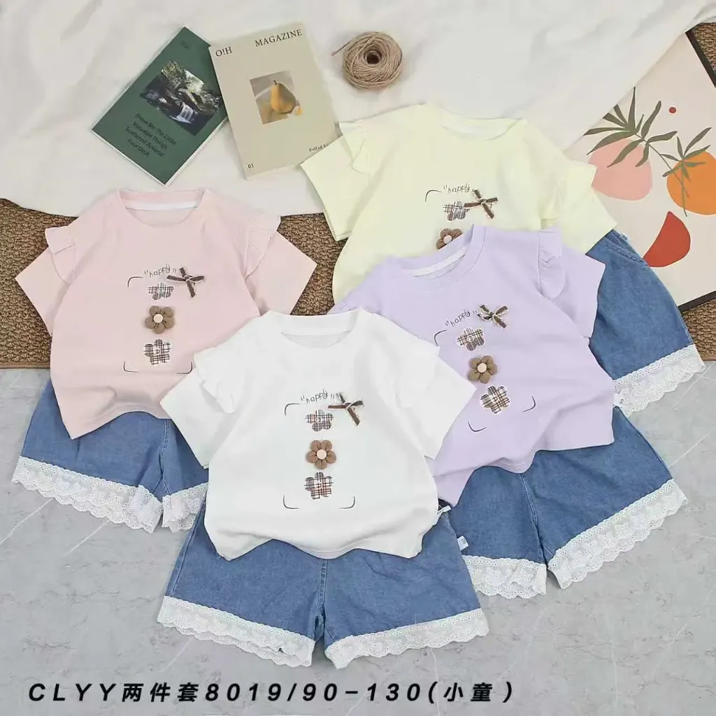 三花蝴蝶结happy短袖二件套