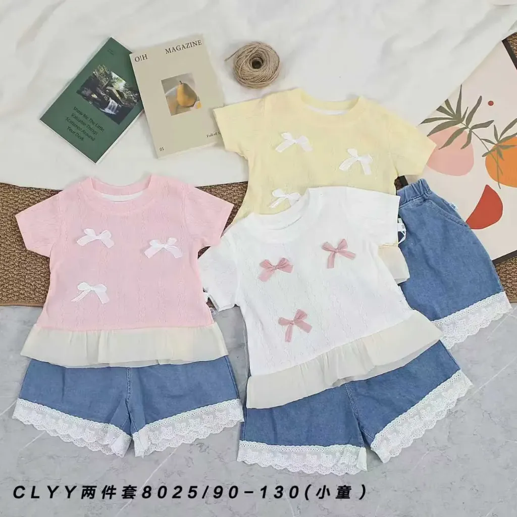 三蝴蝶结竖纹布短袖二件套