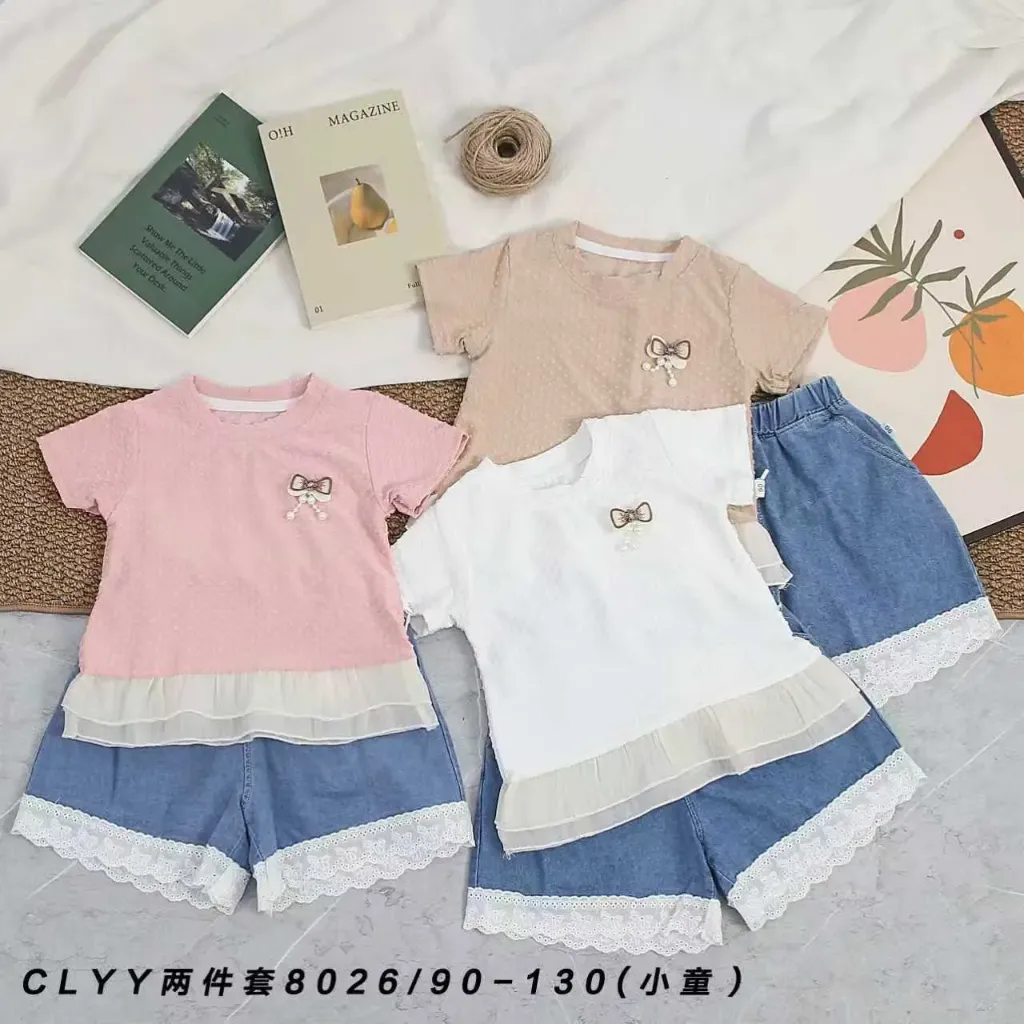 珍珠蝴蝶结泡泡布短袖二件套