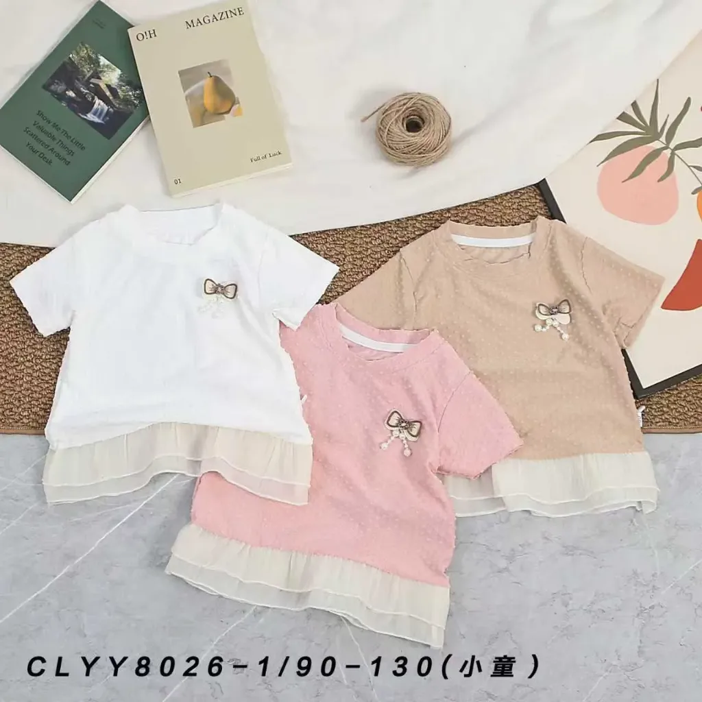 珍珠蝴蝶结泡泡布短袖