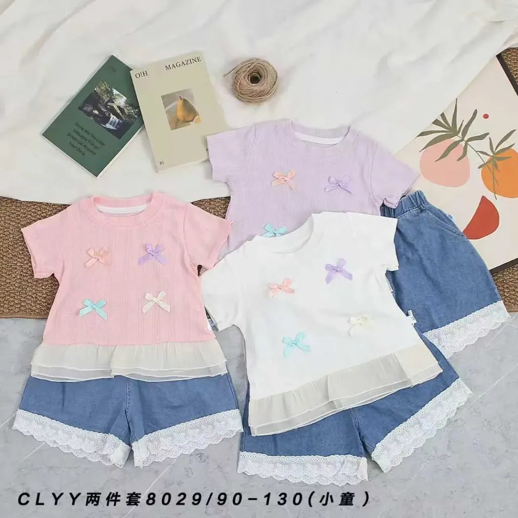 四彩蝴蝶结竖纹布短袖二件套