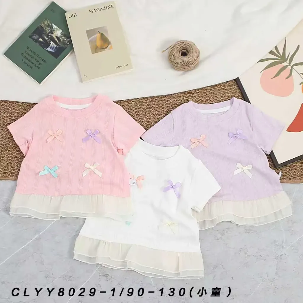 四彩蝴蝶结竖纹布短袖