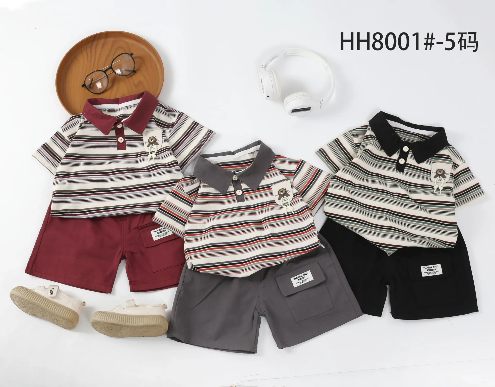 [250338001226] 连帽熊标短袖polo衫二件套 (红色)