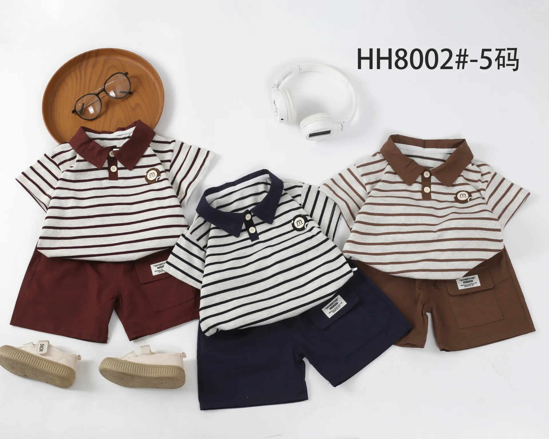 m圆标条纹短袖polo衫二件套