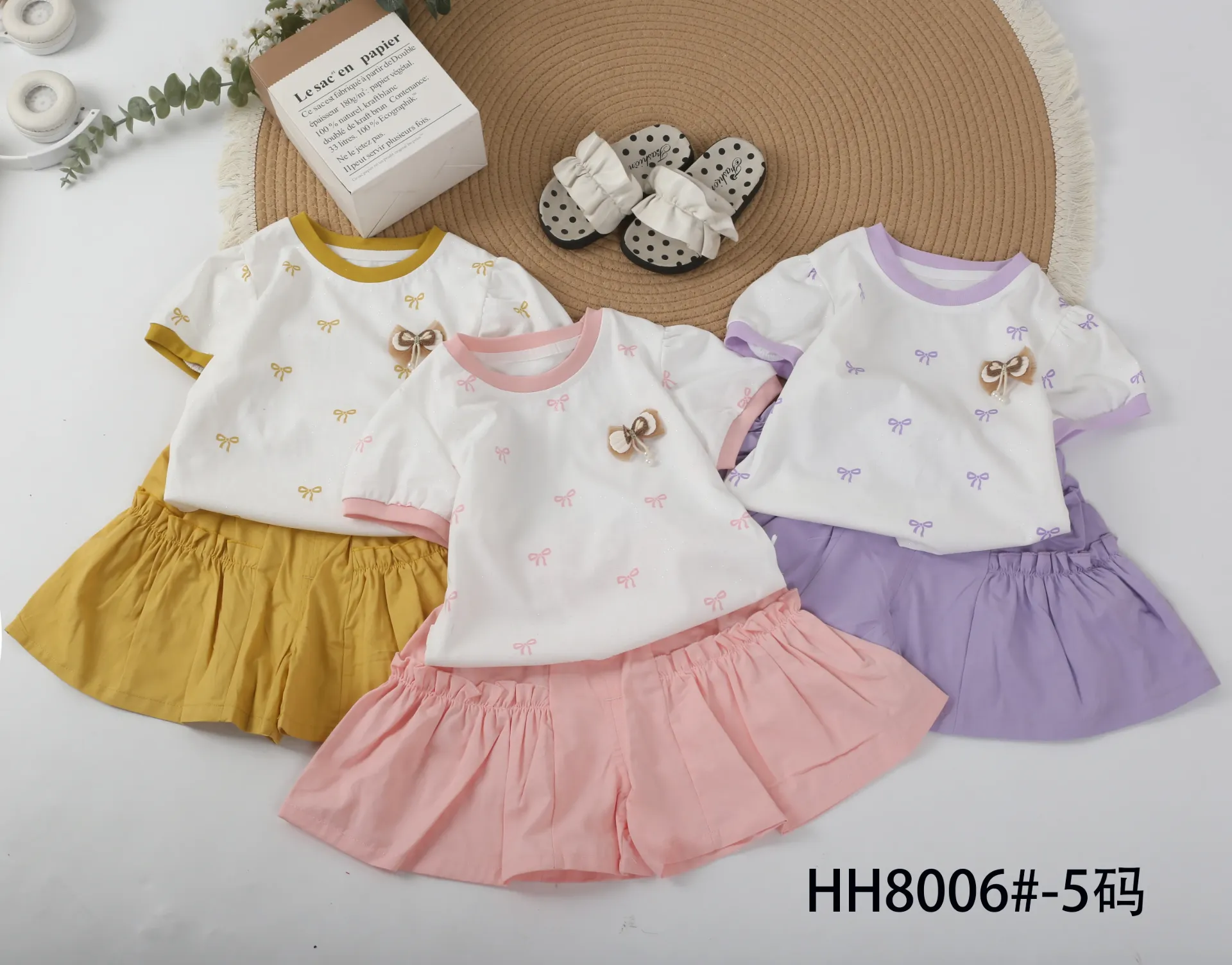 满印蝴蝶结短袖二件套