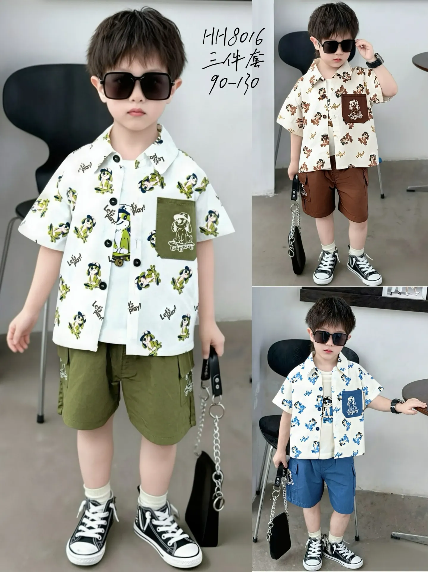 满印let'sPlay狗衬衫短袖三件套