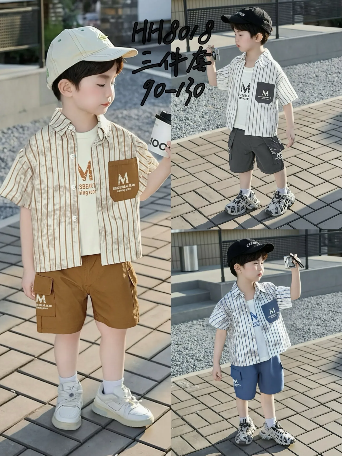 口袋M竖条纹衬衫短袖三件套